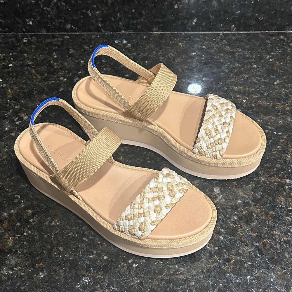 Rothy's Tan and Cream Woven Sandals